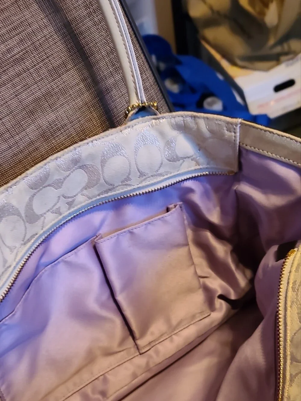 Coach Cream Signature Patchwork Shoulder Bag with Gold Accents - Picture 15 of 16